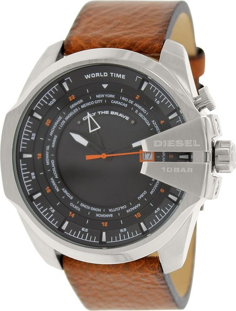 Diesel Men's Mega Chief Brown Leather Analog Quartz Watch with Black Dial DZ4321