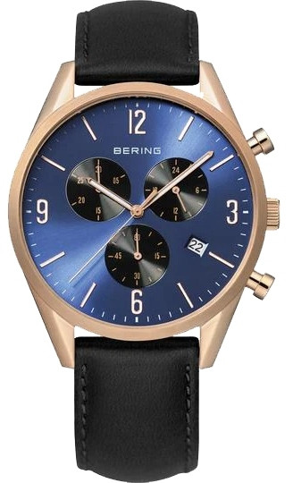 Bering Men's Classic Chronograph Blue Dial Black Leather Watch 10542-567