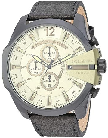Diesel Men's Mega Chief Chronograph Light Green Dial Black Leather Watch DZ4495
