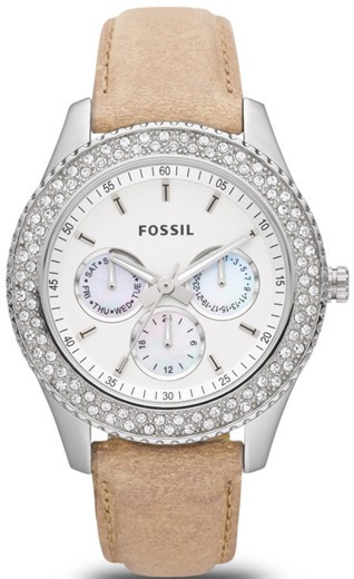 Fossil Women's Stella White Dial Sand Tone Leather Watch ES2997