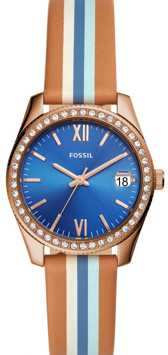Fossil Women's Scarlette Mini Blue Dial Striped Tan Leather Watch ES4591