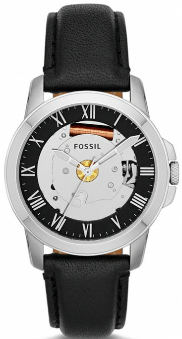 Fossil Unisex Grant Skeleton Dial Black Leather Watch FS4869