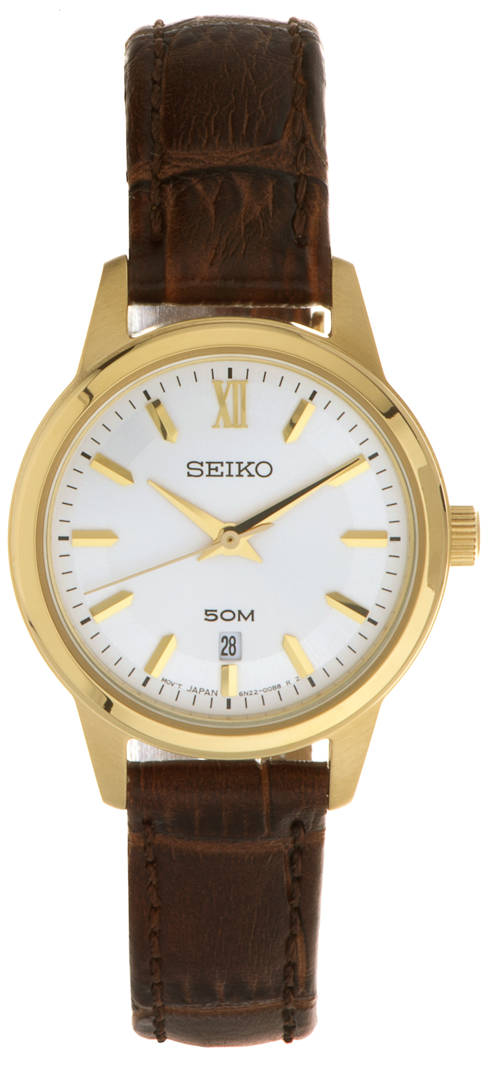 Seiko SUR880 Womens Gold Stainless Case Brown Leather Strap Watch