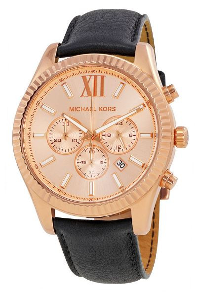 Michael Kors Men's Lexington Rose Gold Tone Black Leather Watch MK8516
