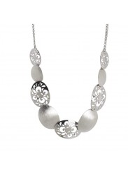 Short necklace rhodium plated with oval scratched and pierced